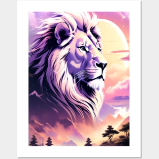 Lion in the sky double exposure wildlife forests Posters and Art